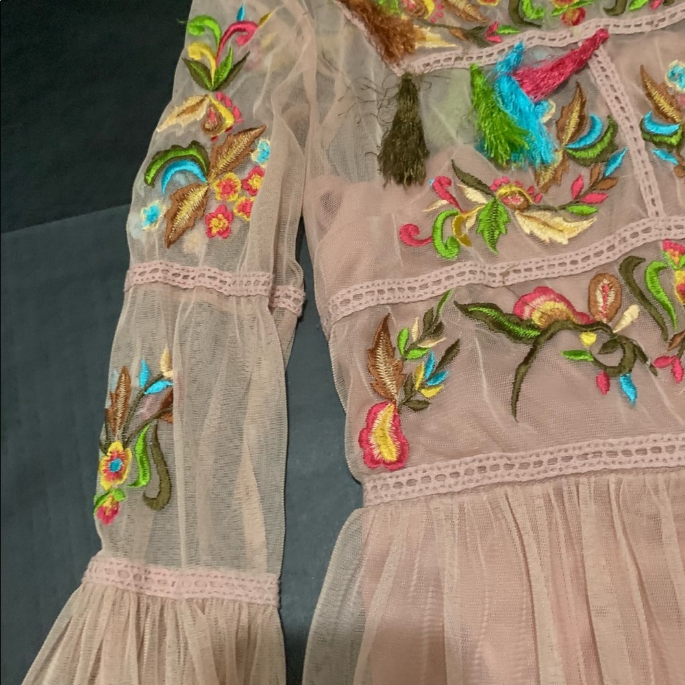 Embroidered Pink Long-Sleeve Tiered Dress - Picture 3 of 5